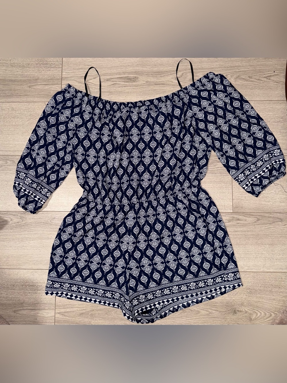Off-Shoulder Navy Blue Printed Romper